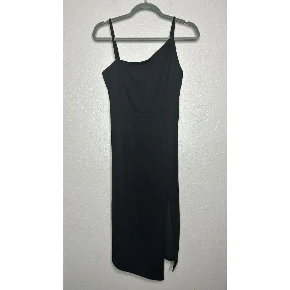 Lulus Shape the Night Black LBD Asymmetrical‎ Midi Dress Bodycon Sleeveless XL
